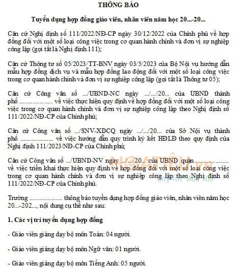 Mẫu thông báo tuyển dụng giáo viên hợp đồng
