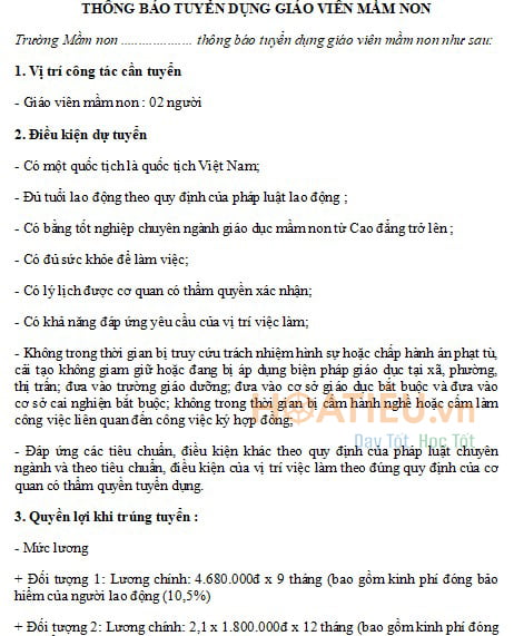 Mẫu thông báo tuyển dụng giáo viên mầm non