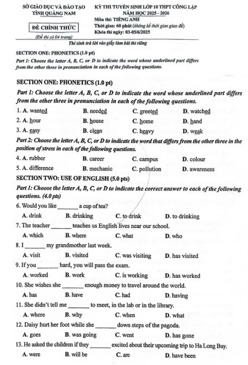 Đề thi tuyển sinh lớp 10 môn Anh Quảng Nam 2025