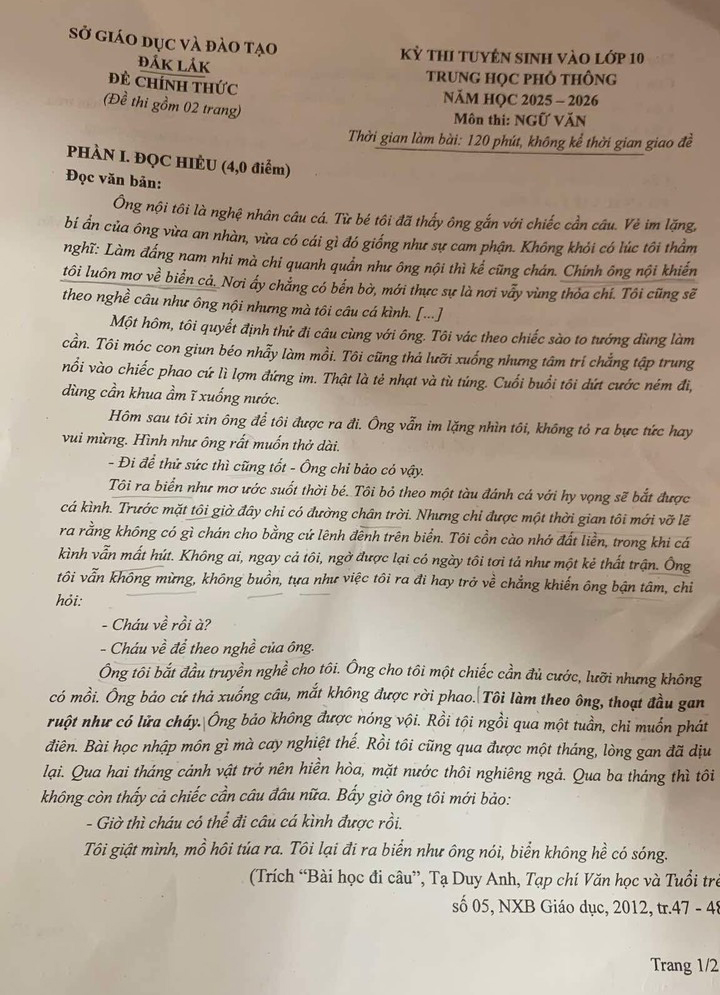 Đề thi vào lớp 10 môn Văn Đắk Lắk 2025