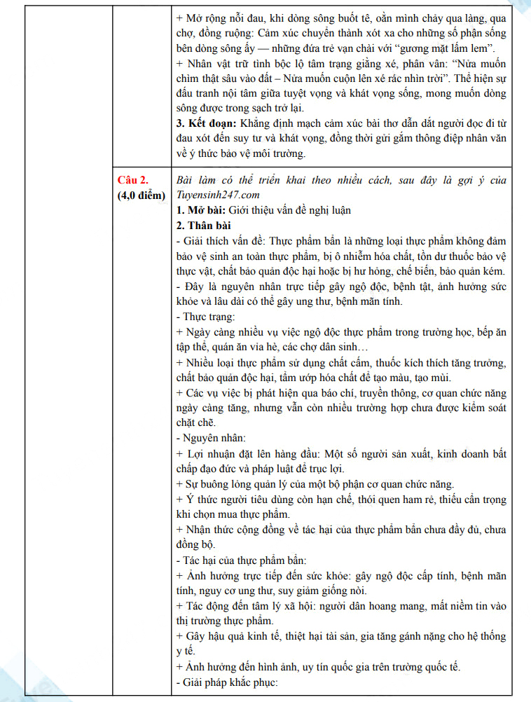 Đáp án đề thi vào lớp 10 môn Văn Trà Vinh 2025