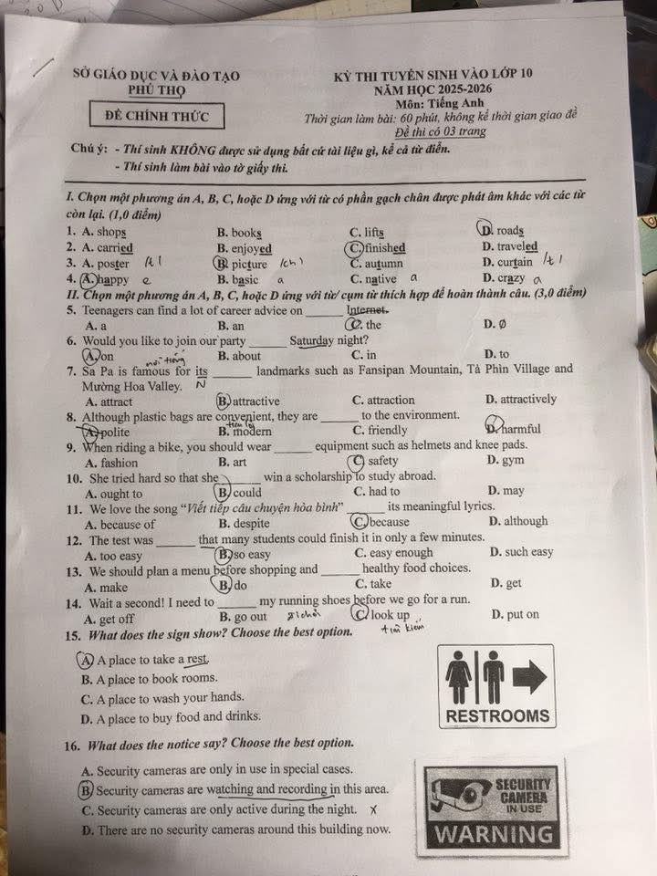 Đề thi vào lớp 10 môn Anh Phú Thọ 2025