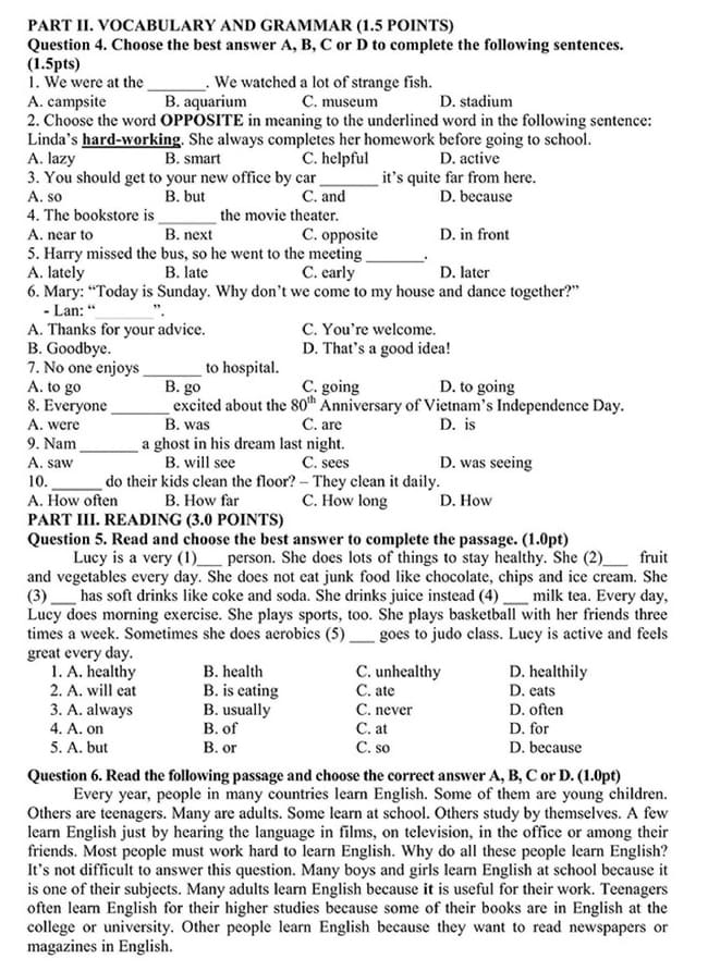 Đề thi vào lớp 6 môn Tiếng Anh trường THCS Lê Quý Đôn năm 2025