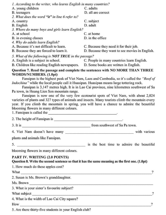 Đề thi vào lớp 6 môn Tiếng Anh trường THCS Lê Quý Đôn năm 2025