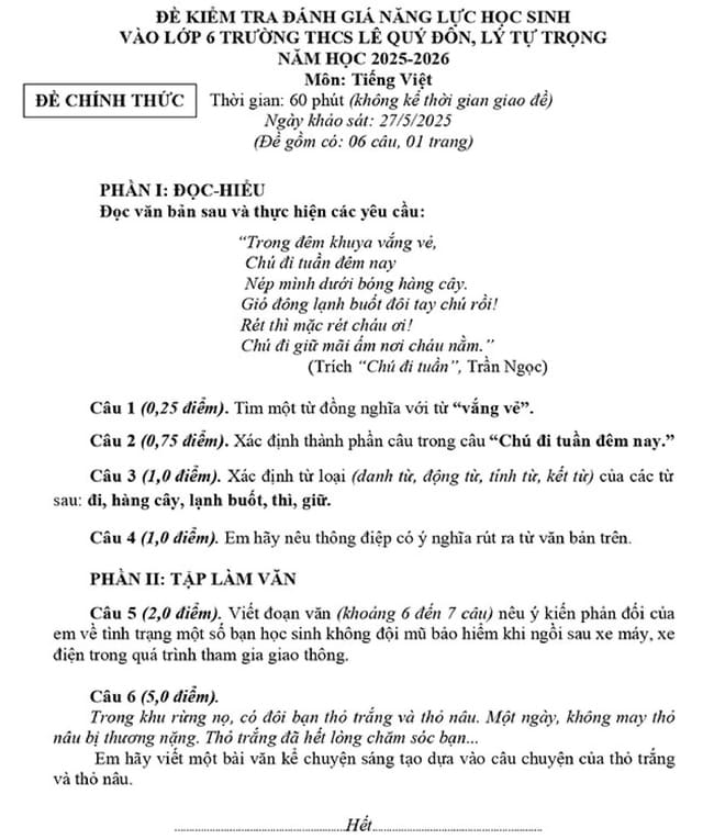 Đề thi vào lớp 6 môn Tiếng Việt trường THCS Lê Quý Đôn năm 2025
