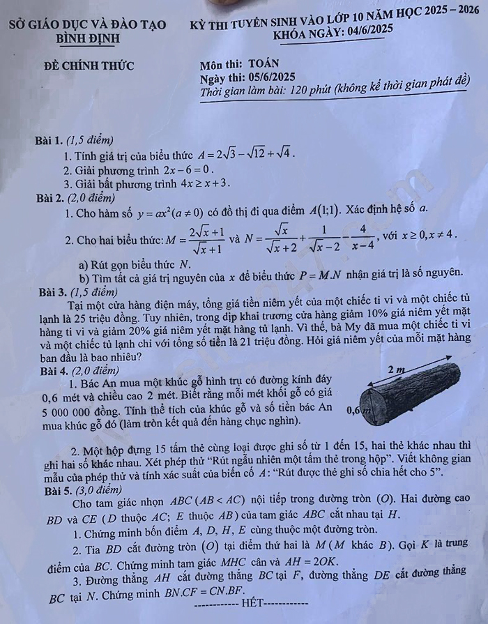 Đề thi vào lớp 10 môn Toán Bình Định 2025
