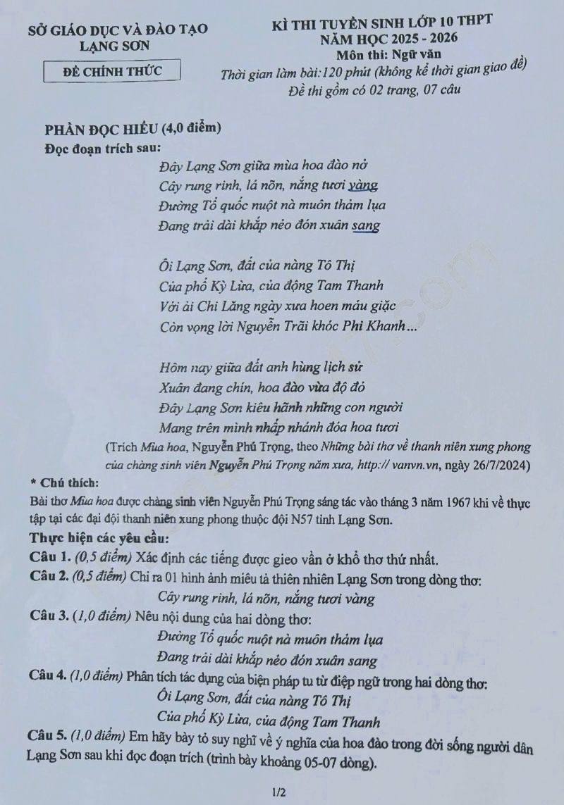 Đề thi vào lớp 10 môn Văn Lạng Sơn 2025