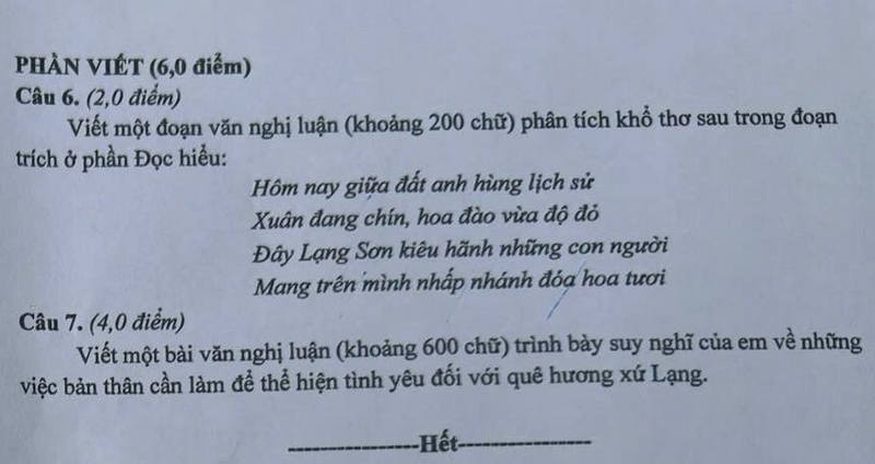 Đề thi vào lớp 10 môn Văn Lạng Sơn 2025