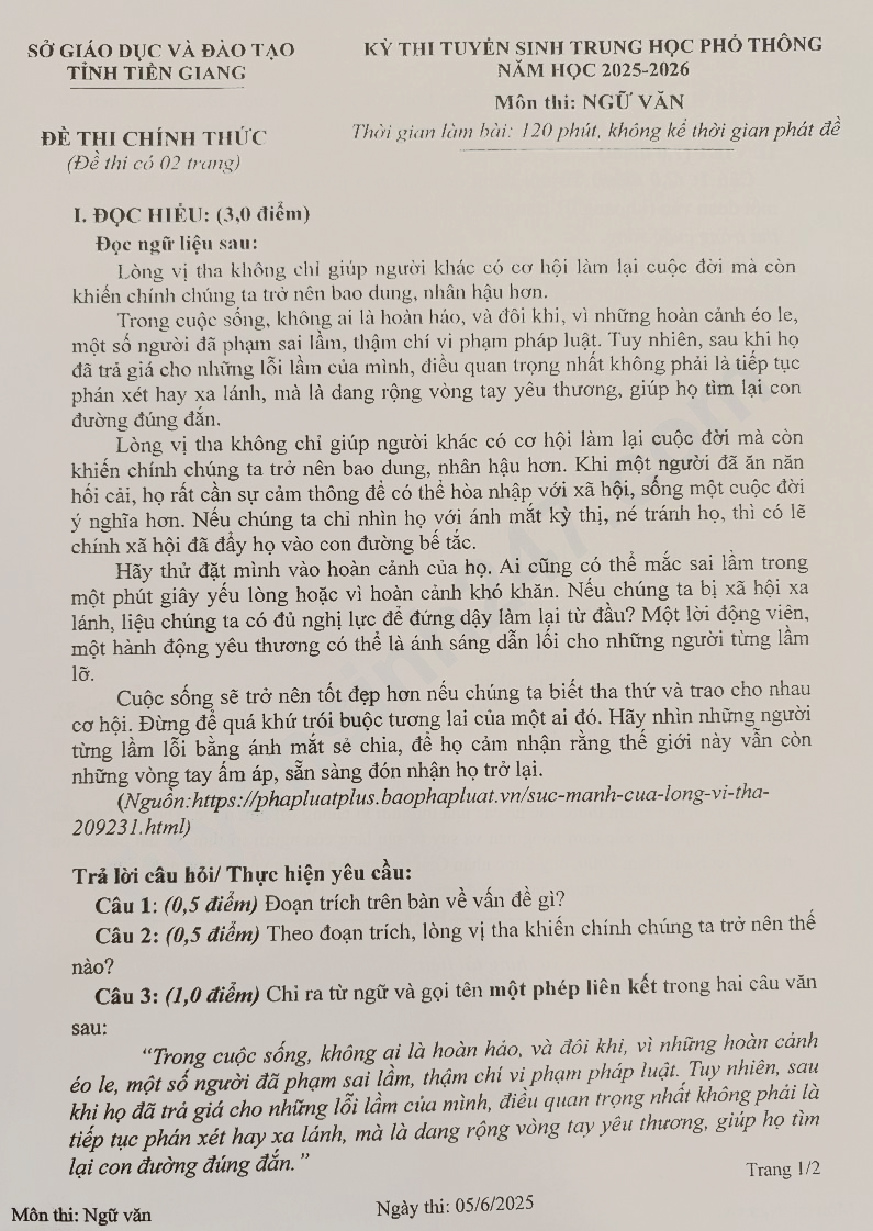 Đề thi vào lớp 10 môn Văn Tiền Giang 2025