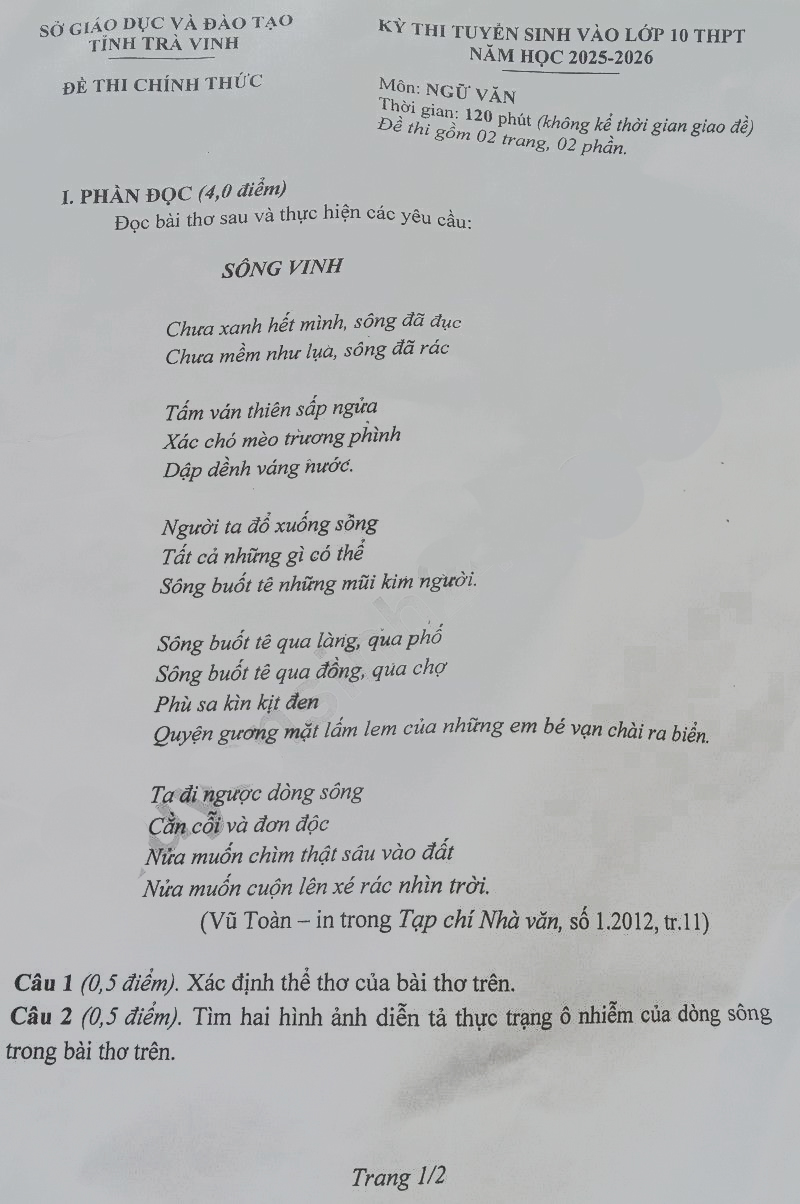 Đề thi vào lớp 10 môn Văn Trà Vinh 2025