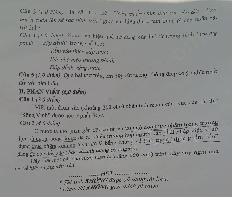 Đề thi vào lớp 10 môn Văn Trà Vinh 2025