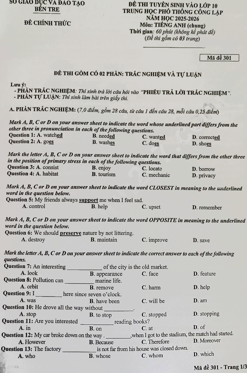 Đề thi vào lớp 10 môn Anh Bến Tre 2025