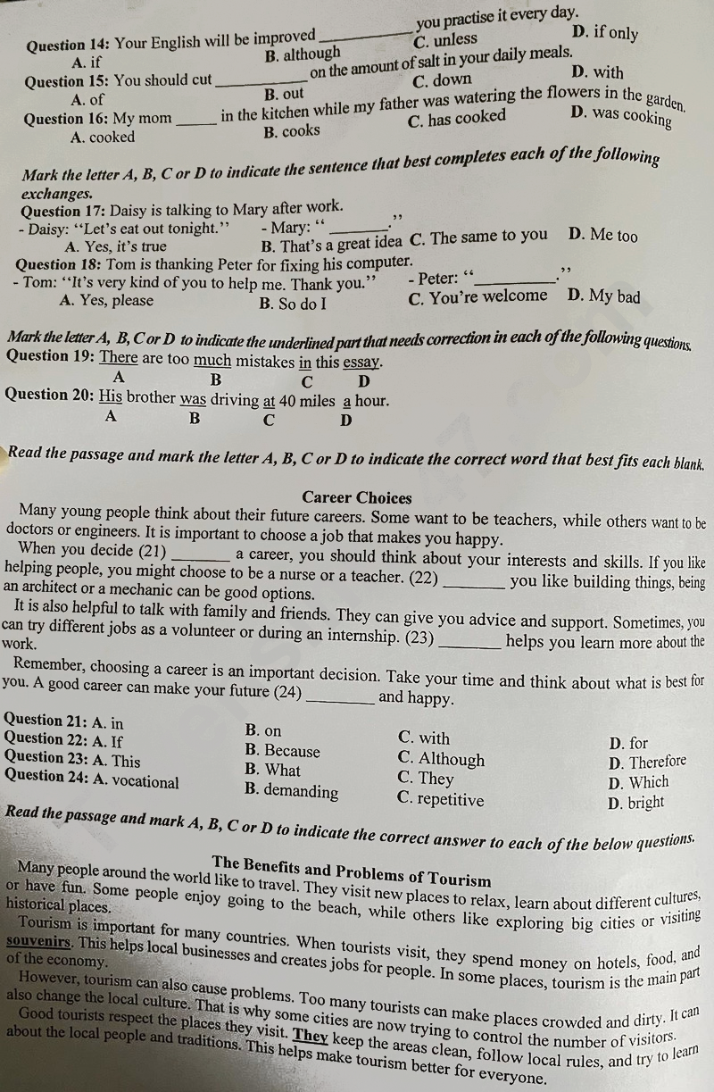 Đề thi vào lớp 10 môn Anh Bến Tre 2025