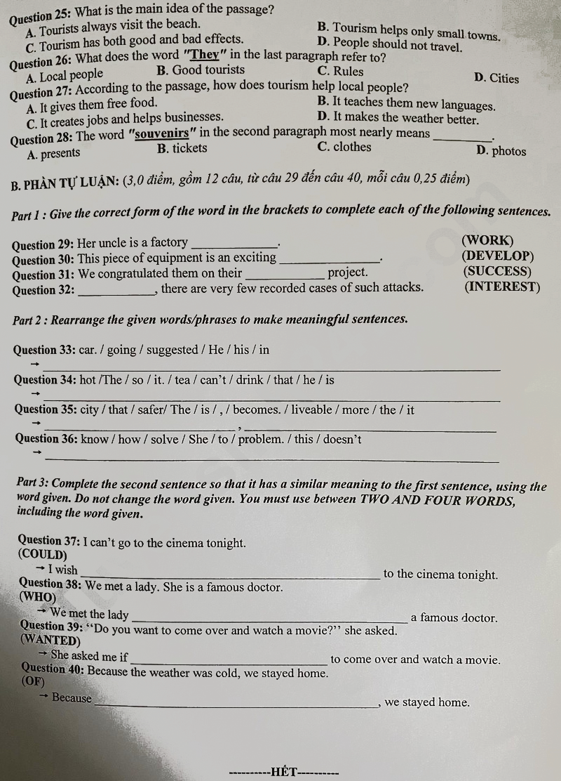 Đề thi vào lớp 10 môn Anh Bến Tre 2025