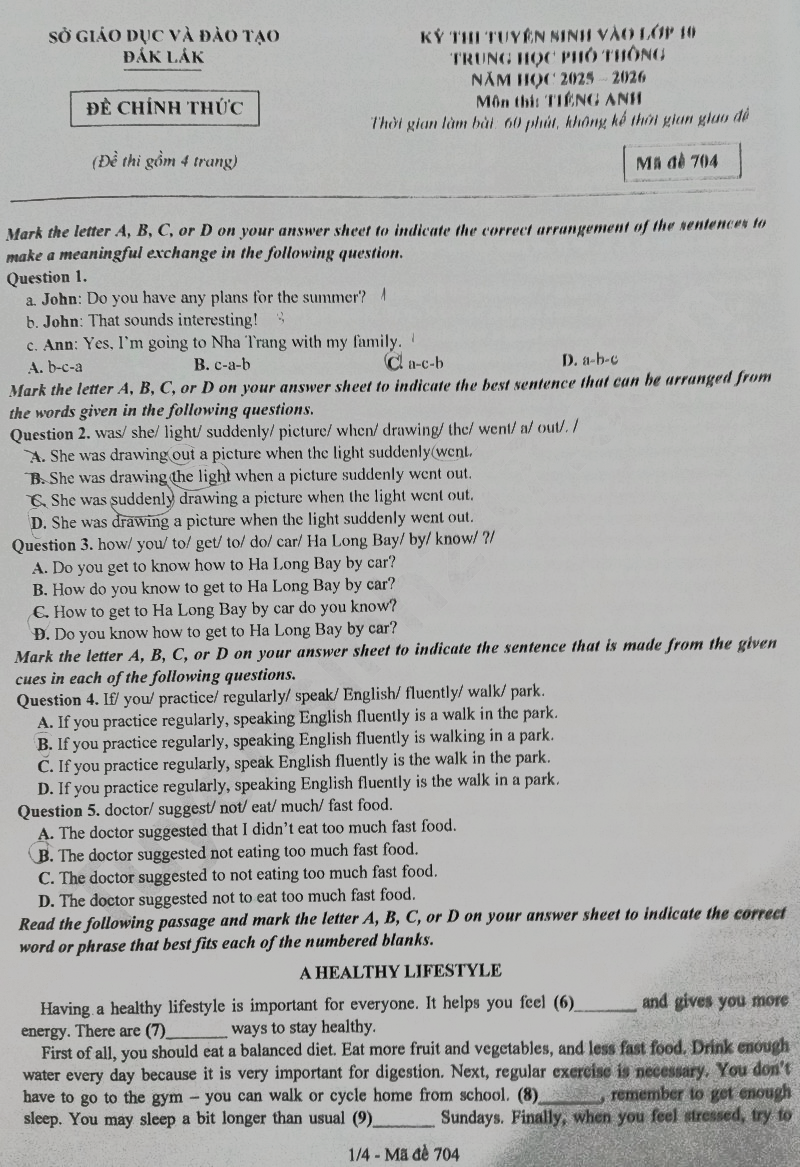 Đề thi vào lớp 10 môn Anh Đắk Lắk 2025