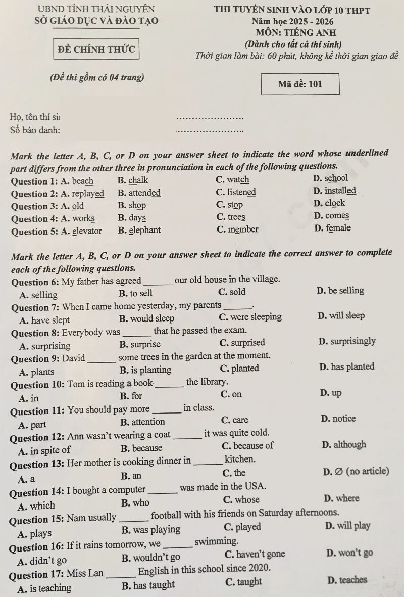 Đề thi vào lớp 10 môn Anh Thái Nguyên 2025