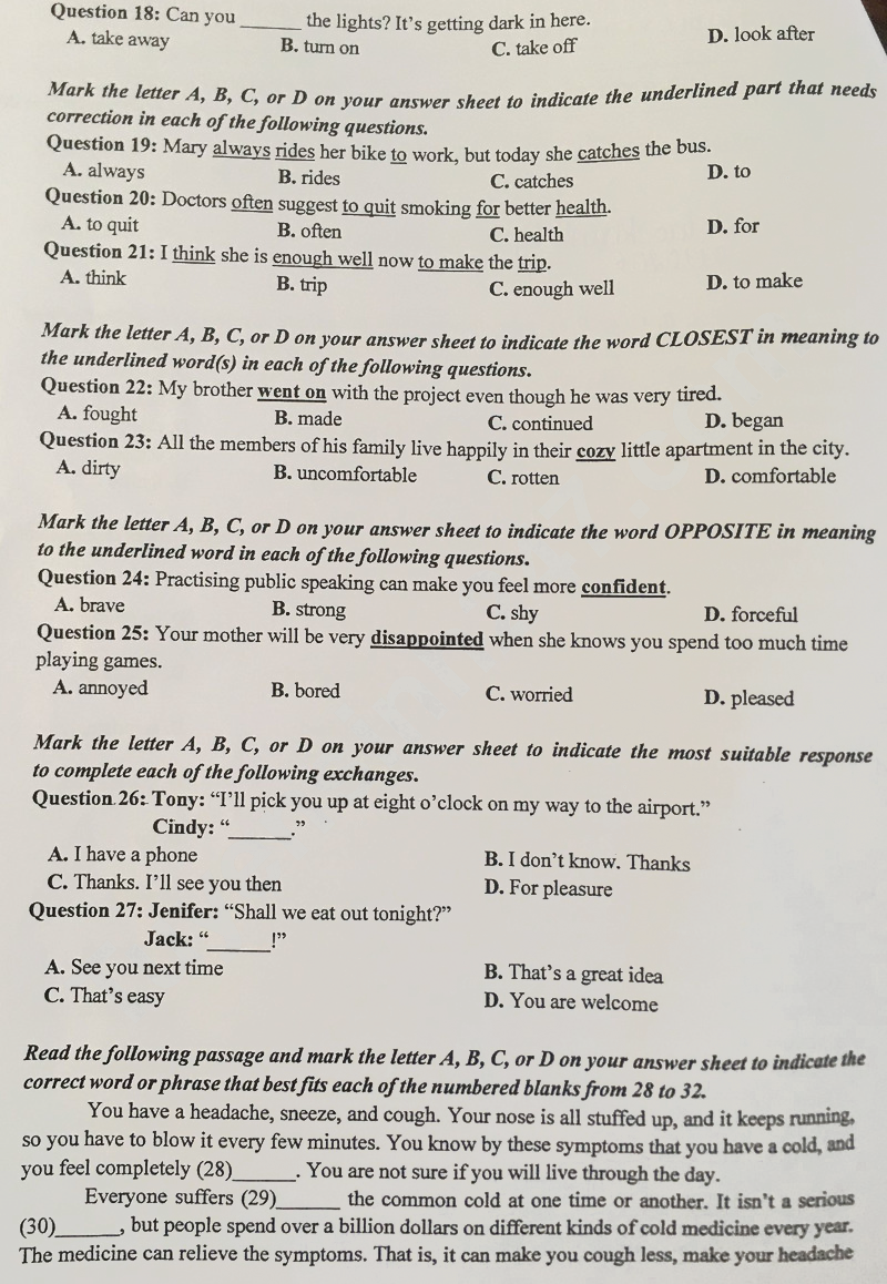 Đề thi vào lớp 10 môn Anh Thái Nguyên 2025