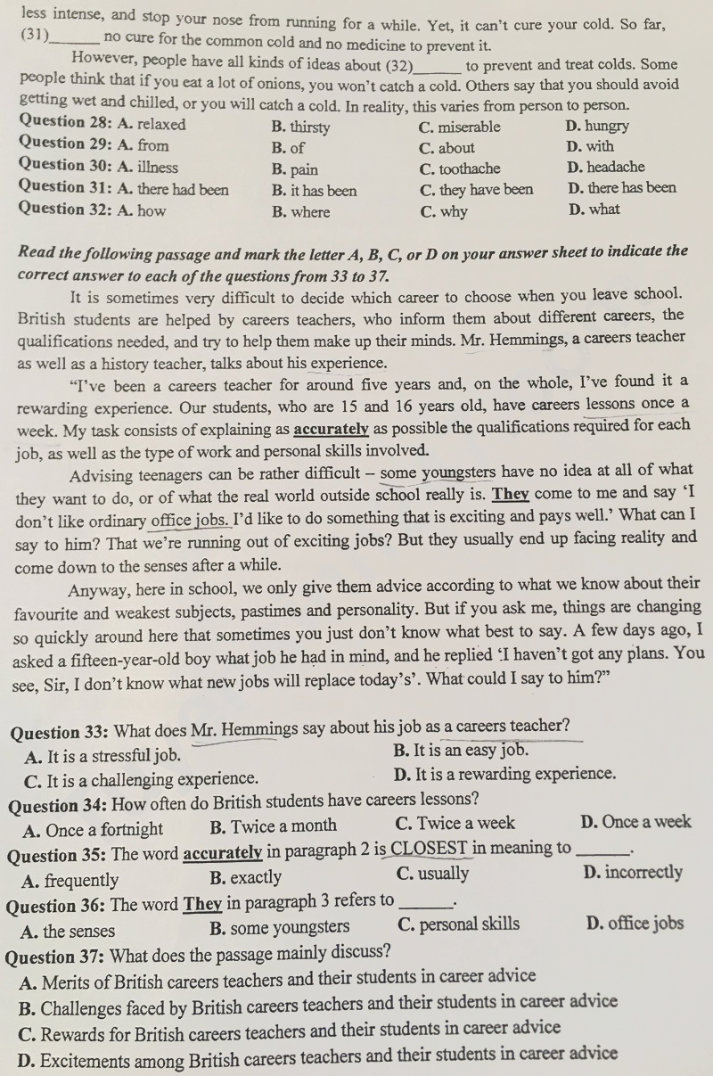 Đề thi vào lớp 10 môn Anh Thái Nguyên 2025