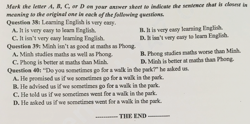 Đề thi vào lớp 10 môn Anh Thái Nguyên 2025
