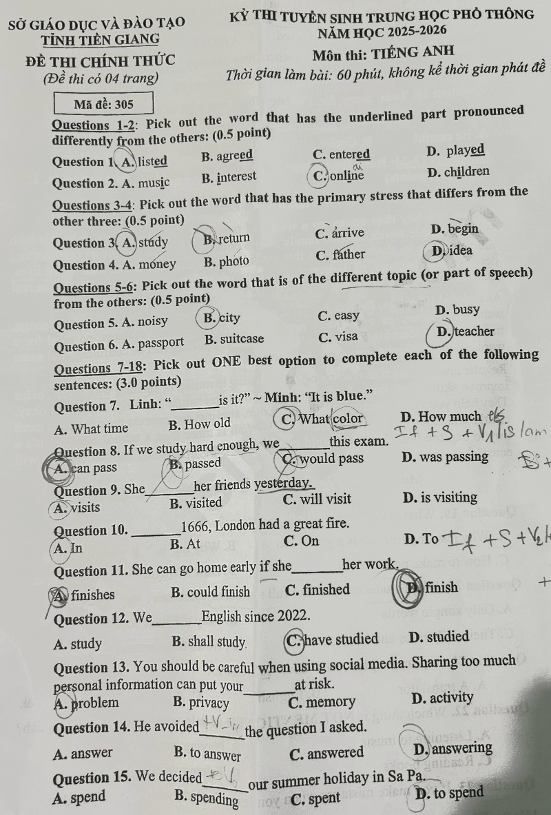 Đề thi vào lớp 10 môn Anh Tiền Giang 2025