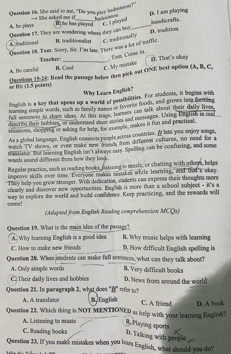 Đề thi vào lớp 10 môn Anh Tiền Giang 2025