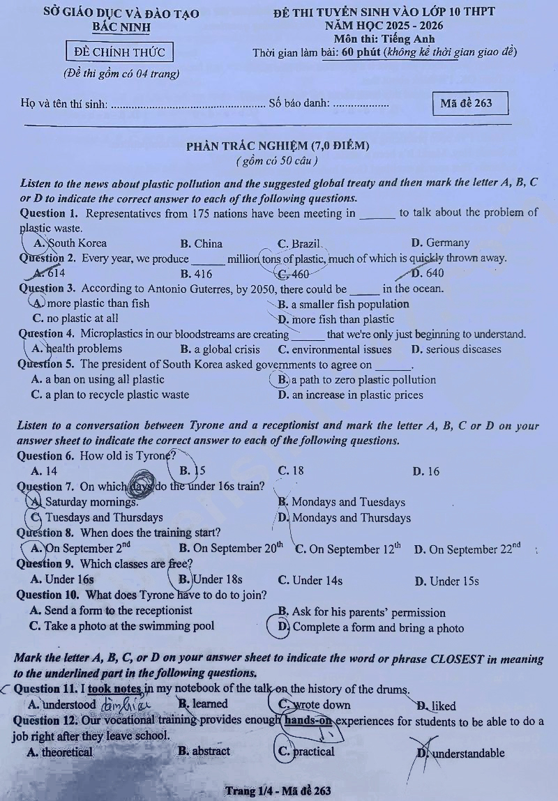  Đề thi vào lớp 10 môn Anh Bắc Ninh 2025