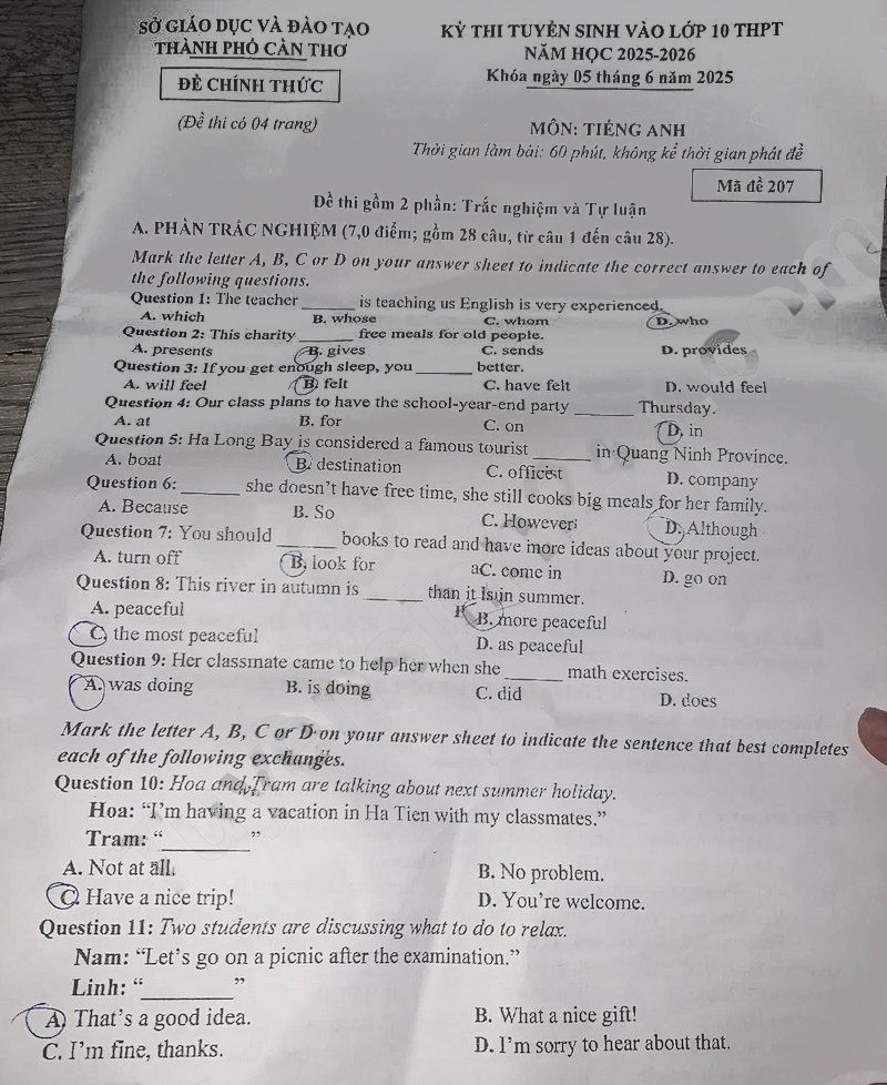 Đề thi vào lớp 10 môn Anh Cần Thơ 2025