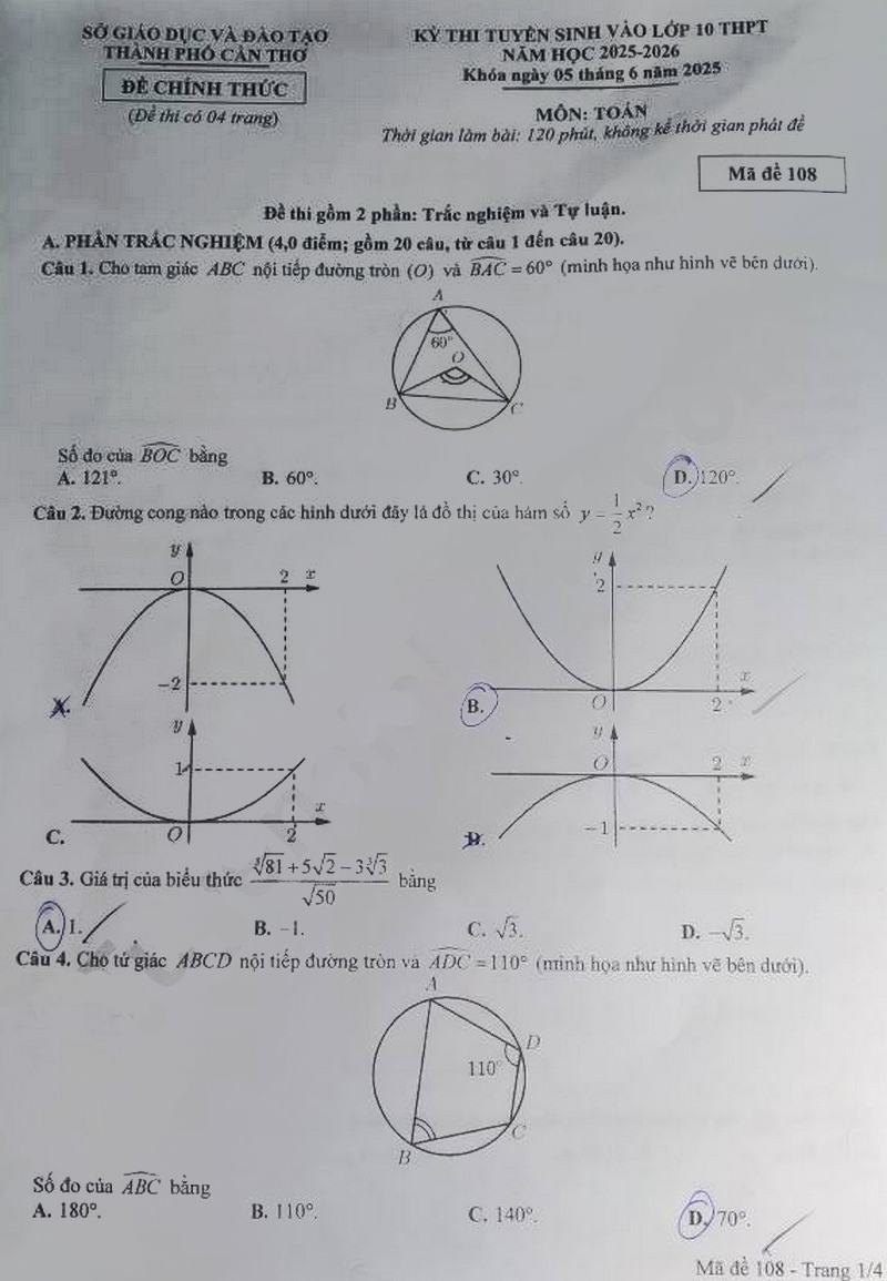 Đề thi vào lớp 10 môn Toán Cần Thơ 2025