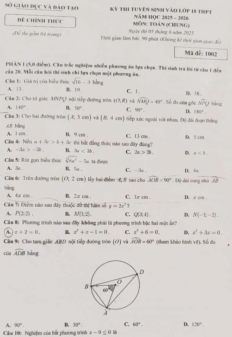 Đề thi tuyển sinh lớp 10 2025 môn Toán tỉnh Đắk Nông