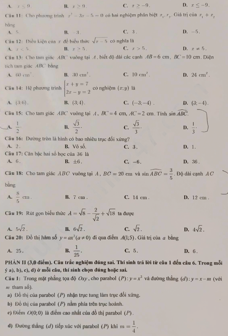 Đề thi tuyển sinh lớp 10 2025 môn Toán tỉnh Đắk Nông