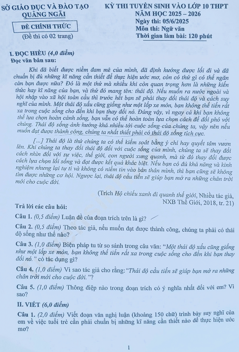 Đề thi vào lớp 10 môn Văn Quảng Ngãi 2025