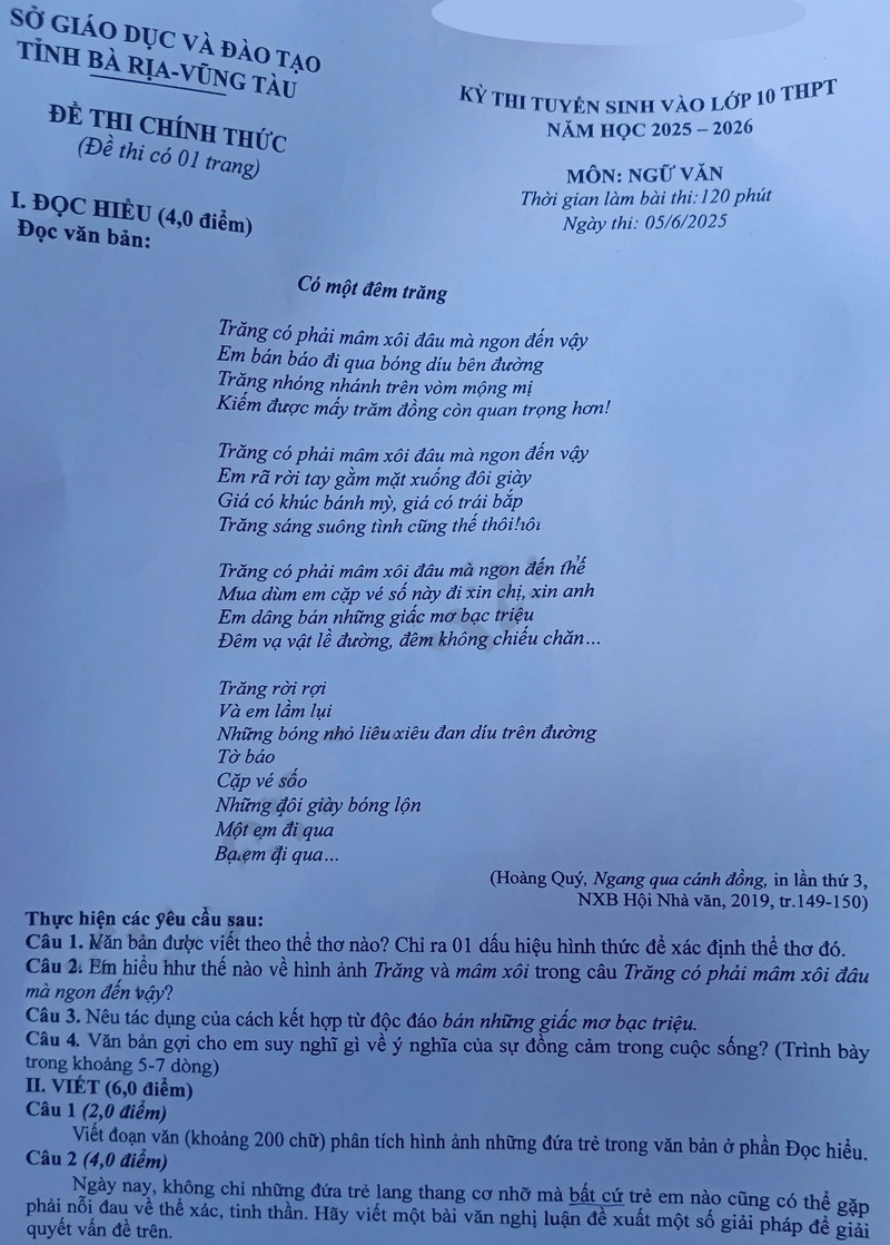 Đề thi vào lớp 10 môn Văn Vũng Tàu 2025