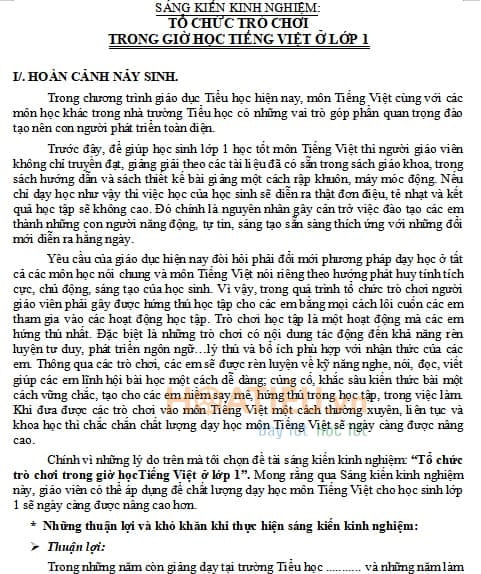 SKKN Học thông qua chơi môn Tiếng Việt lớp 1