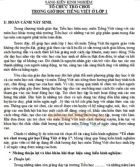 SKKN Tổ chức trò chơi trong giờ học Tiếng Việt ở lớp 1