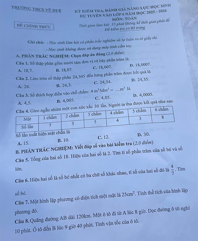 Đề thi Toán vào lớp 6 THCS Vũ Duệ năm 2025-2026