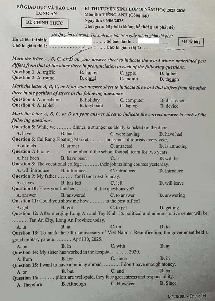 Đề thi vào lớp 10 môn Anh Long An 2025