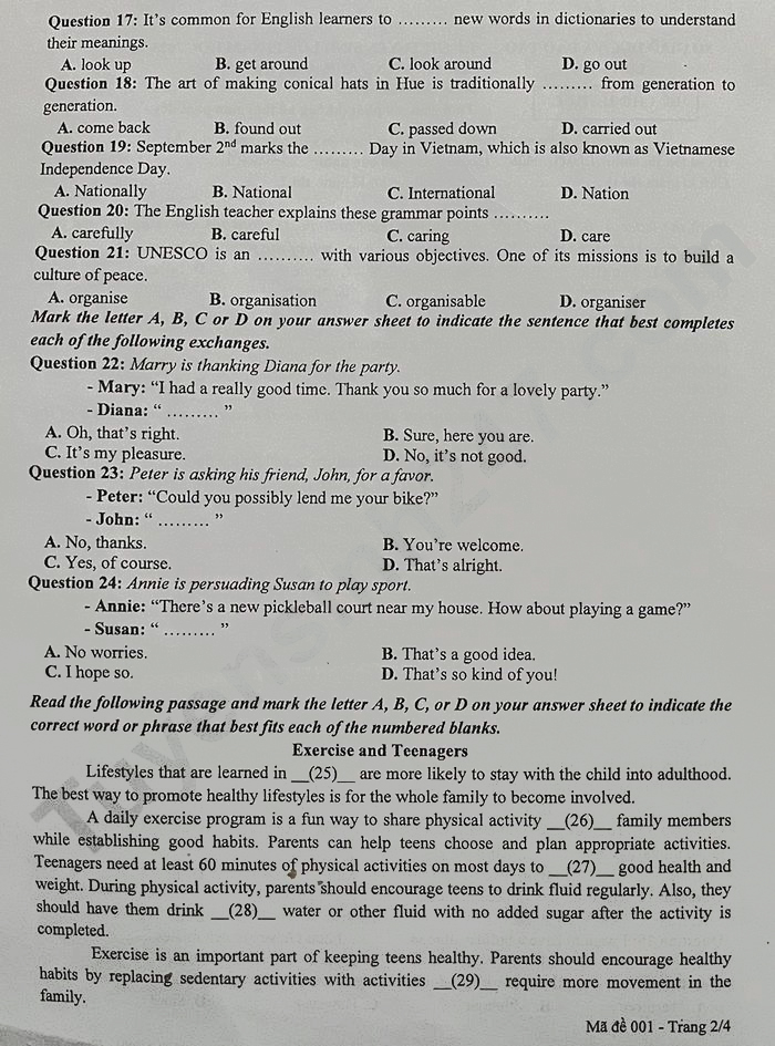 Đề thi vào lớp 10 môn Anh Long An 2025