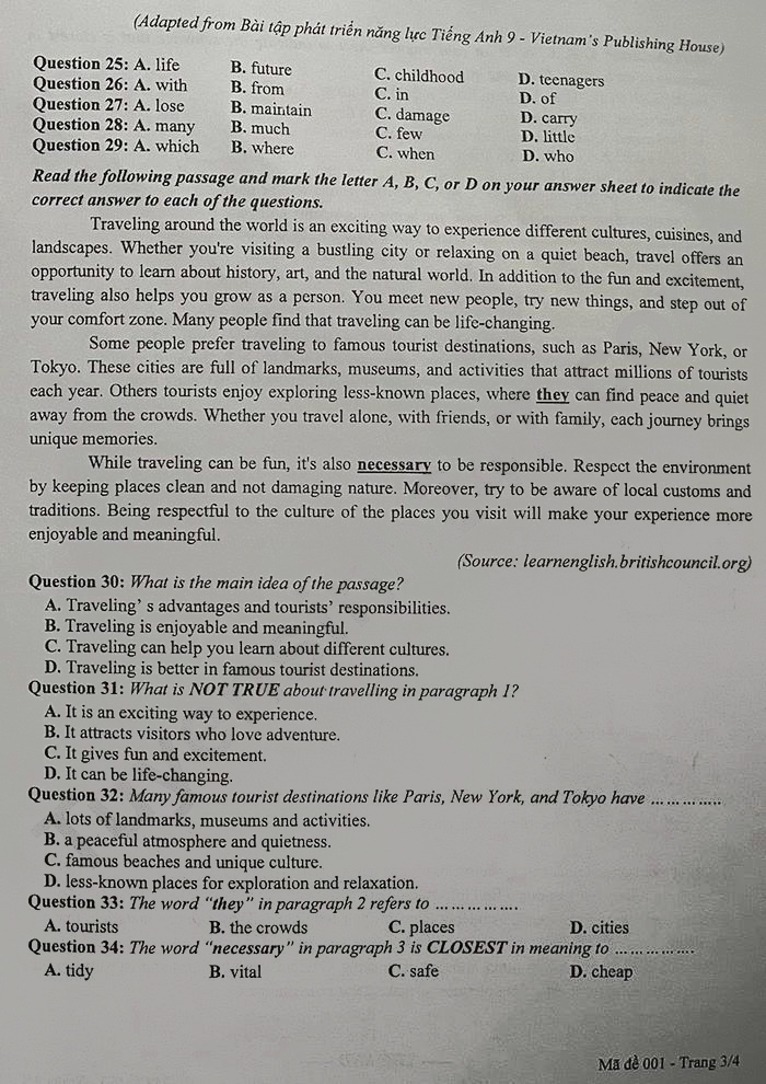 Đề thi vào lớp 10 môn Anh Long An 2025