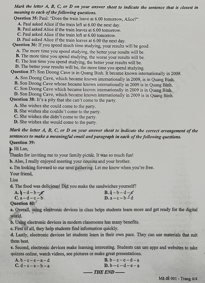 Đề thi vào lớp 10 môn Anh Long An 2025