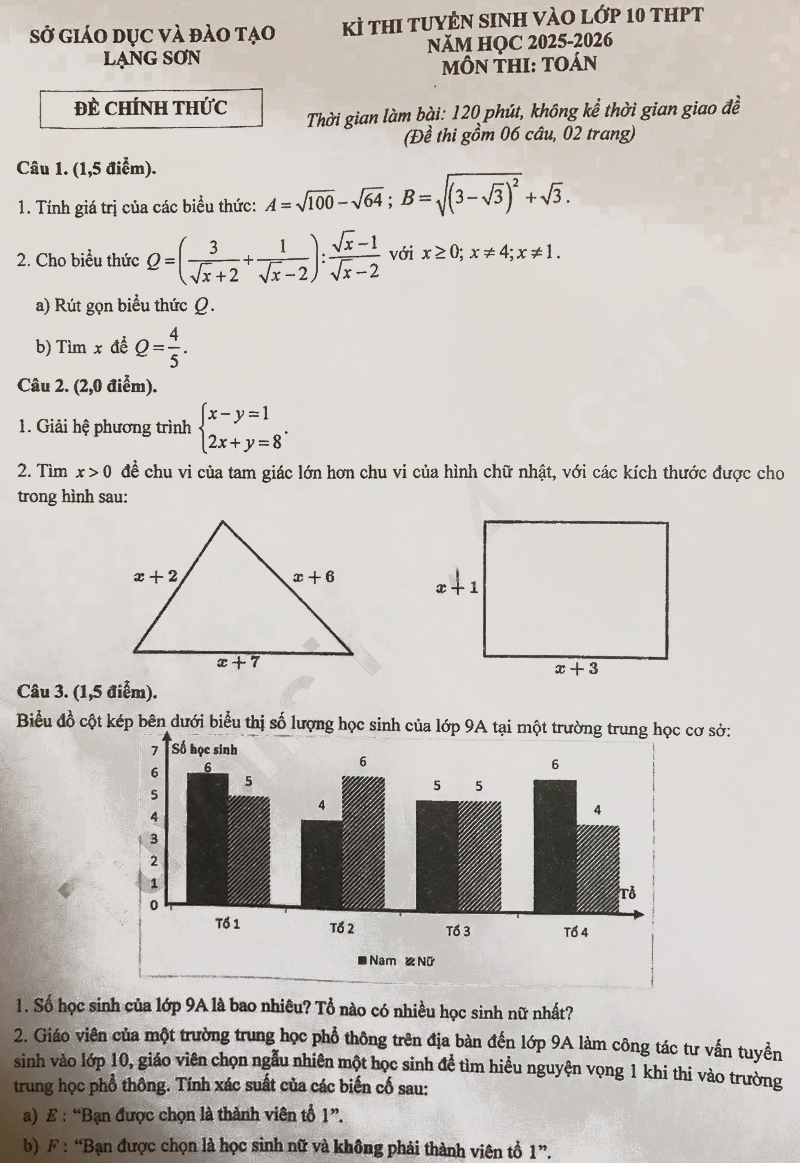Đáp án đề thi vào lớp 10 môn Toán Lạng Sơn 2025