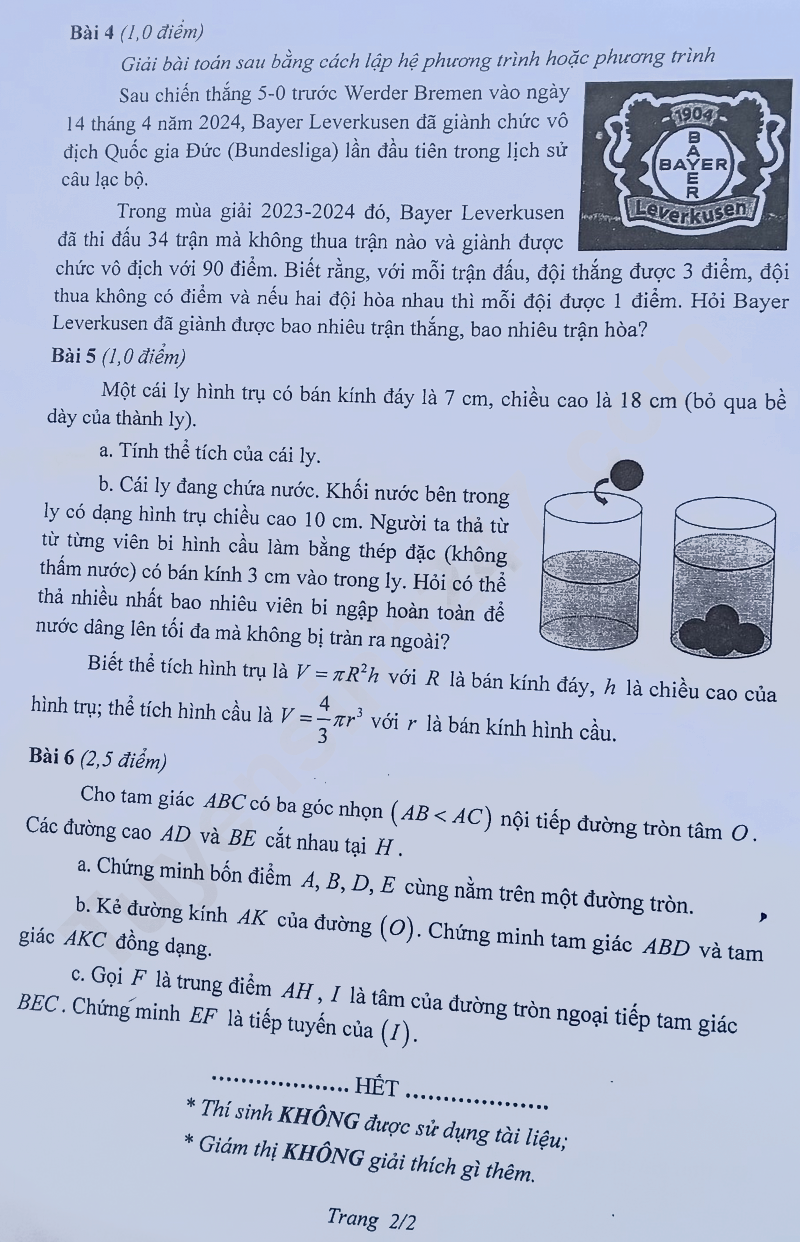 Đề thi vào lớp 10 môn Toán Trà Vinh 2025