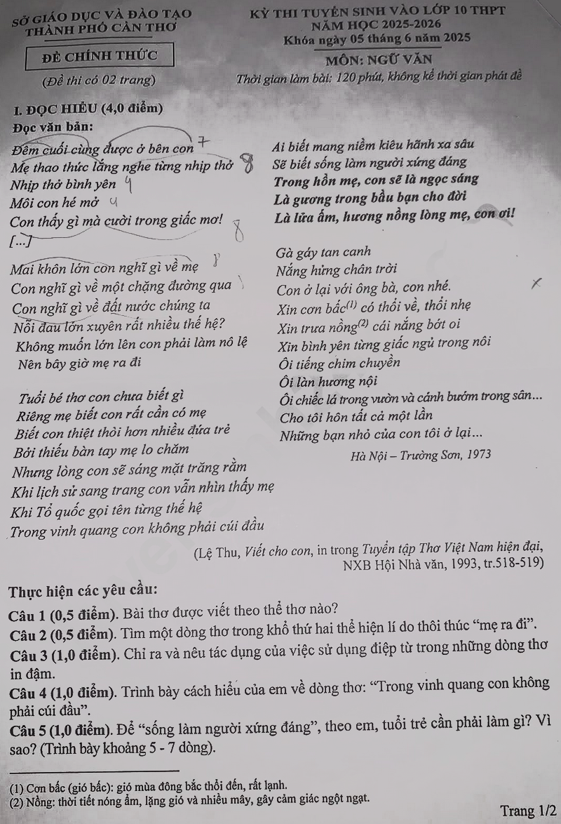 Đề thi vào lớp 10 môn Văn Cần Thơ 2025