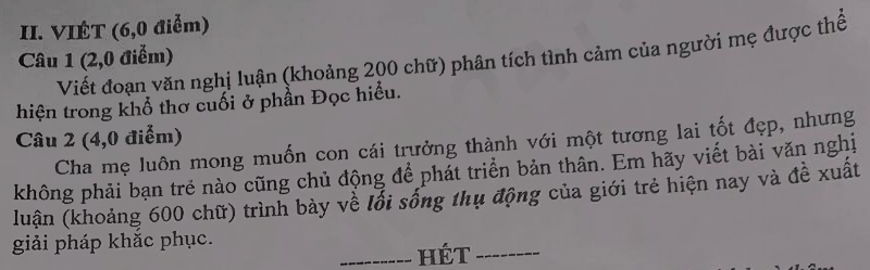 Đề thi vào lớp 10 môn Văn Cần Thơ 2025