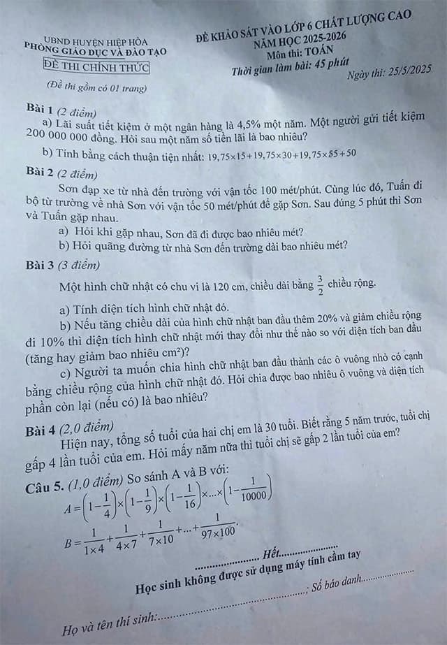 Đề thi vào lớp 6 môn Toán CLC Hiệp Hòa, Bắc Giang năm 2025-2026