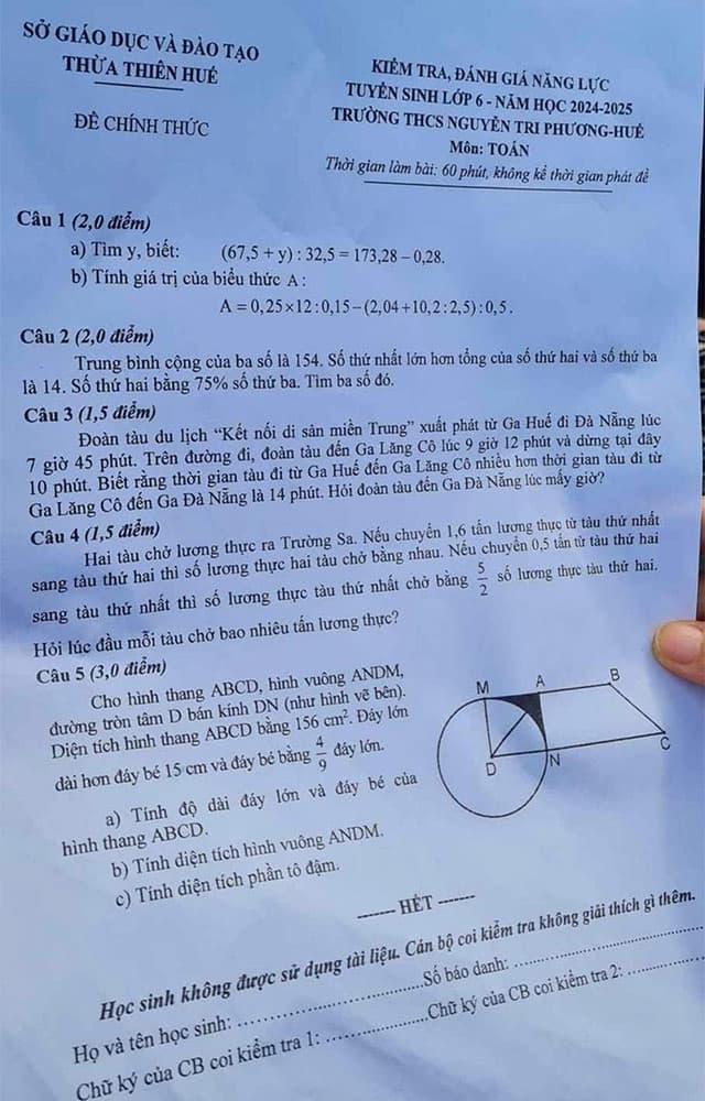 Đáp án đề thi vào lớp 6 môn Toán Nguyễn Tri Phương 2025