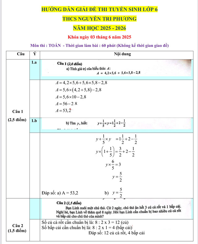 Đáp án đề thi vào lớp 6 môn Toán Nguyễn Tri Phương, Huế 2025