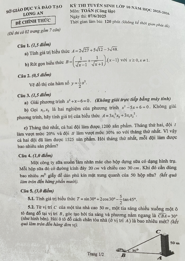 Đề thi vào lớp 10 môn Toán Long An 2025
