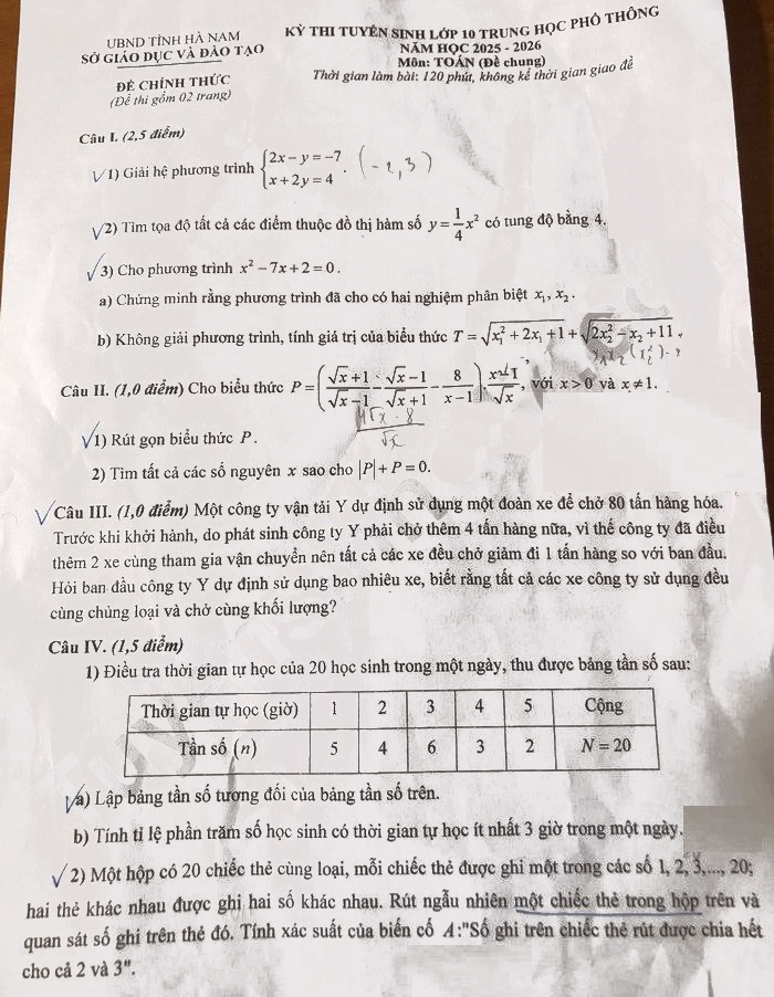 Đề thi vào lớp 10 môn Toán Hà Nam 2025