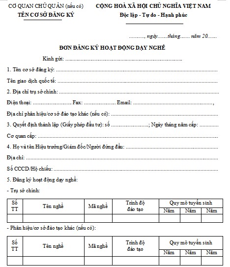 Mẫu đơn đăng ký hoạt động dạy nghề