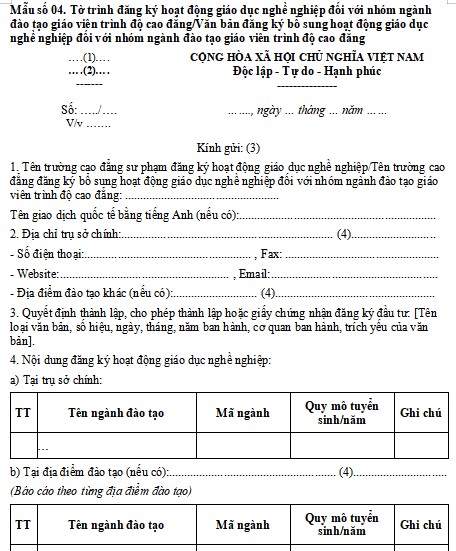 Tờ trình đăng ký hoạt động giáo dục nghề nghiệp đào tạo giáo viên cao đẳng